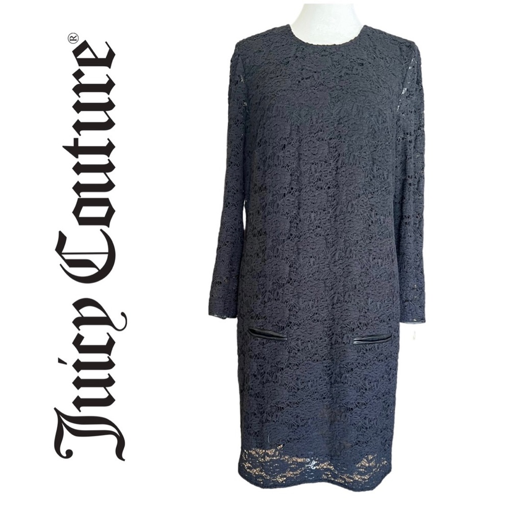 JUICY COUTURE Black Lace Mini Dress Size M Faux Leather Trim Gold Tassels & Zip